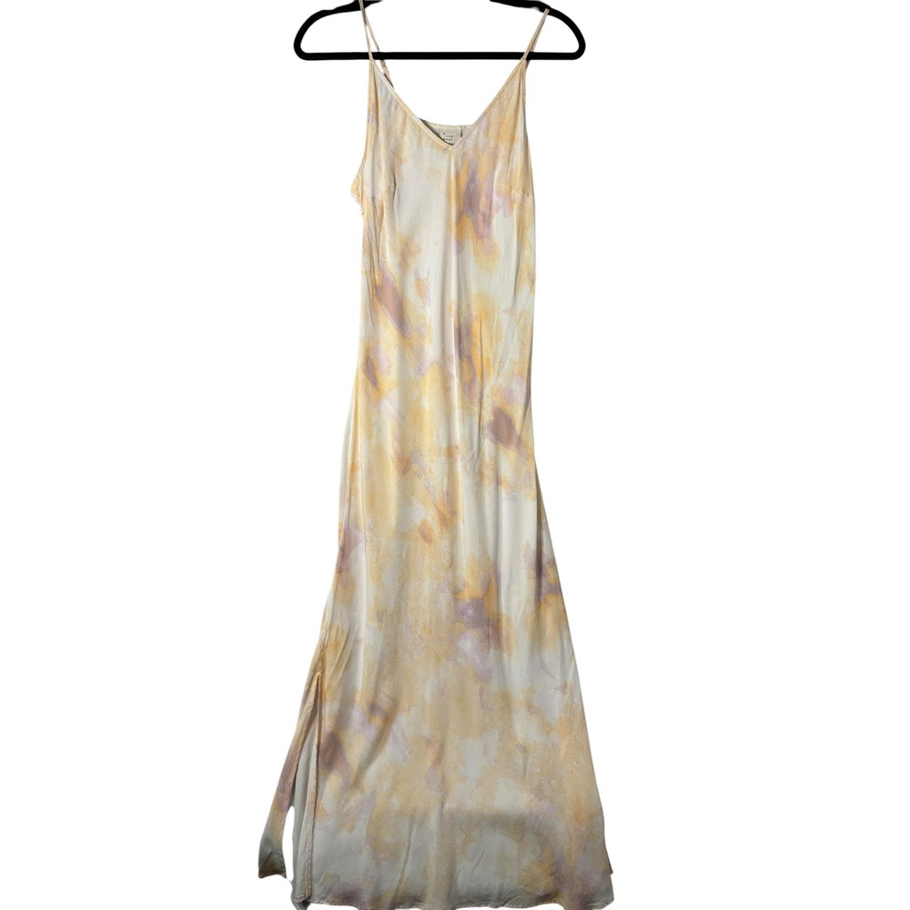 A New Day Women Yellow Purple Watercolor Floral V-Neck Slip Midi Dress Size M